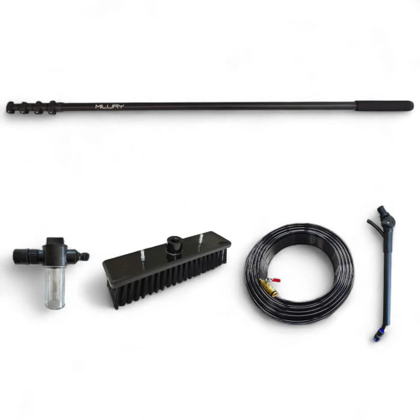 Schwarze milury aluminium profi-teleskopstange druckwaschlanze mit texturiertem griff und segmentierten gelenken
