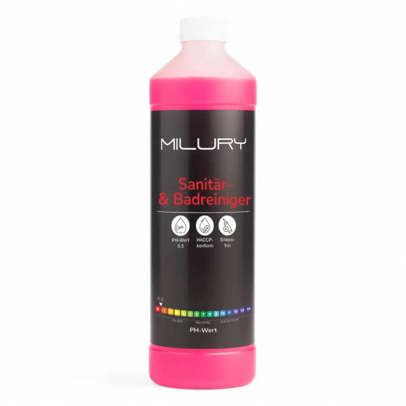 Flüssiges pinkes milury badreiniger und sanitärreiniger konzentrat in einer schwarzen flasche mit weißem deckel