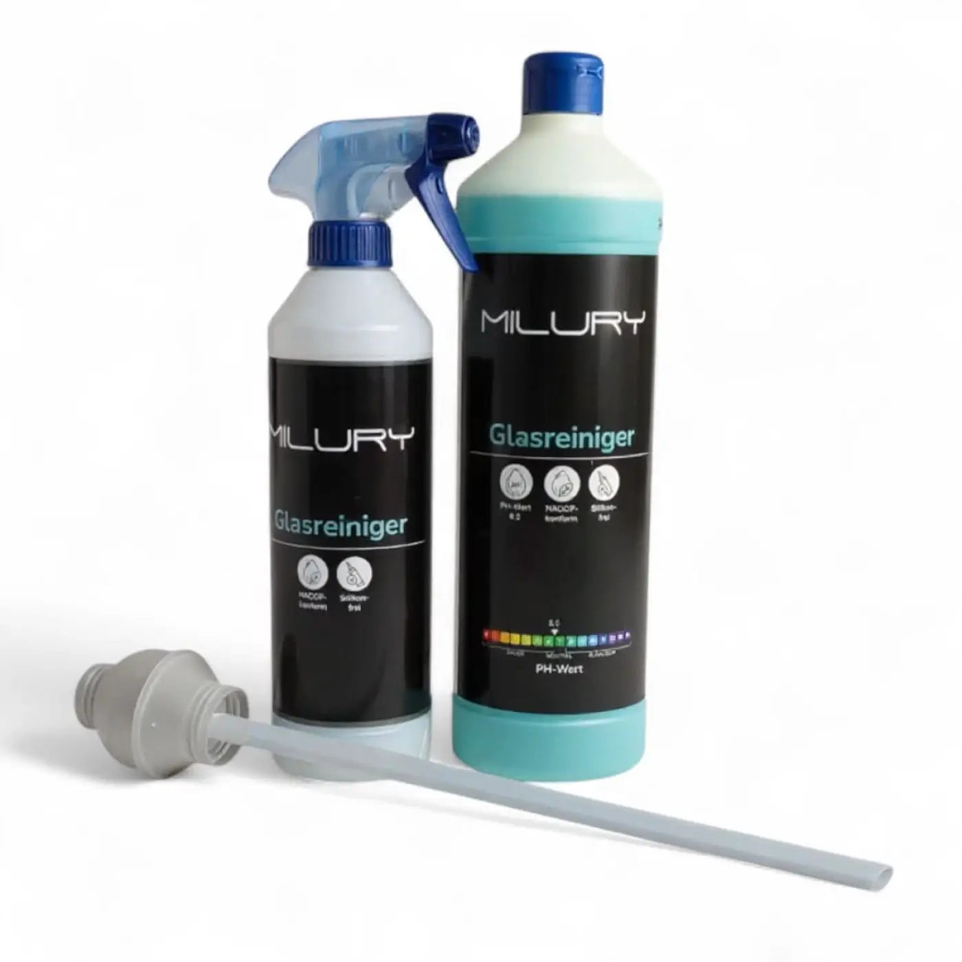 Milury glasreiniger mit sprühflasche und blauem trigger sowie schwarzem etikett im set mit dosierkugel