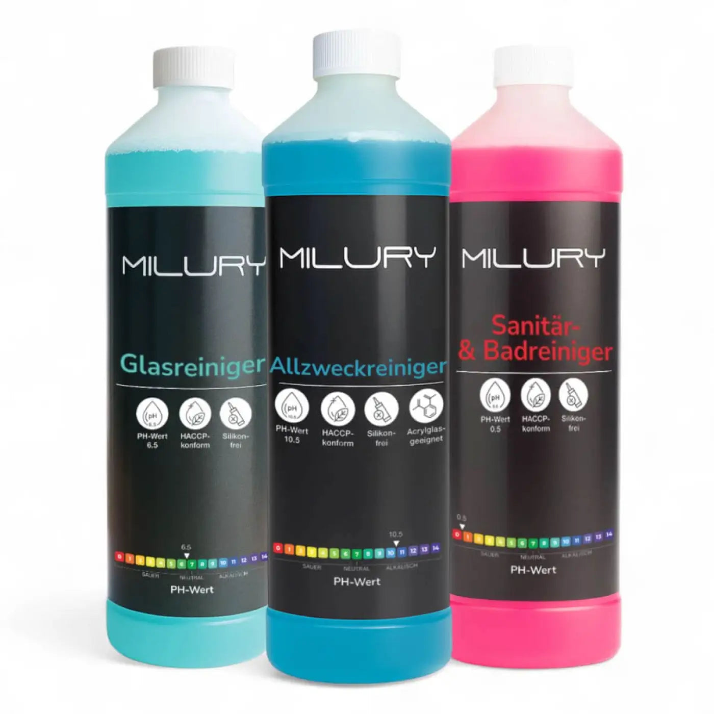 Drei milury reinigungslösungen in türkis, blau und rosa mit schwarzen etiketten im power trio reinigungsset