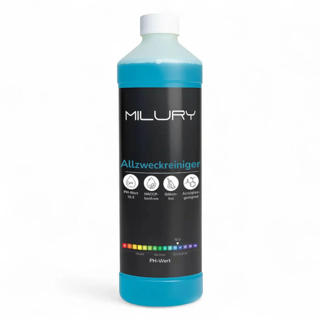 Ein translucent türkisflüssiges milury allzweckreiniger in der milury power trio reinigungsset mit weißem verschluss und schwarzem etikett