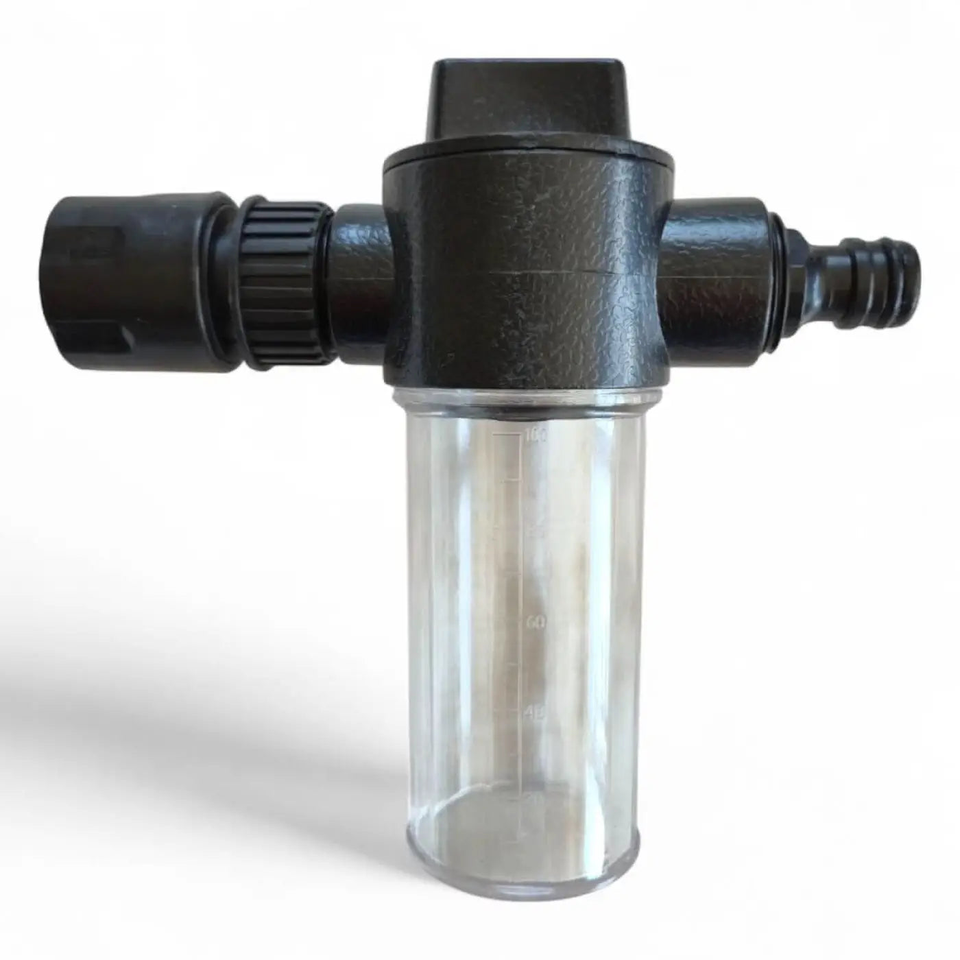 Schwarzer kunststoff schlauchadapter mit klarem zylinderförmigem filtergehäuse für milury seifendosierer 100ml