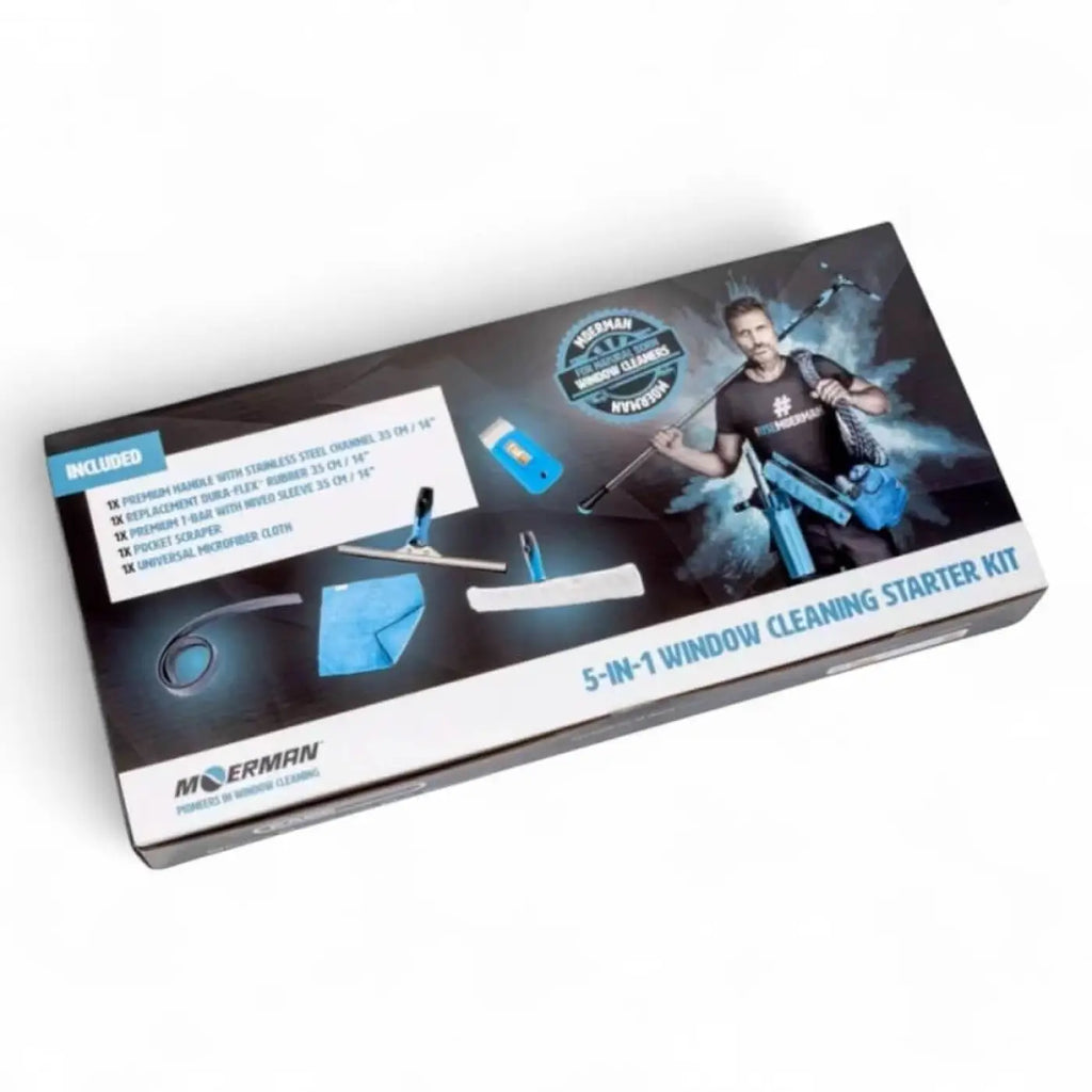 Blau-schwarzes moerman 5in1 fensterreinigungs-starterkit mit man holding cleaning tools auf der box