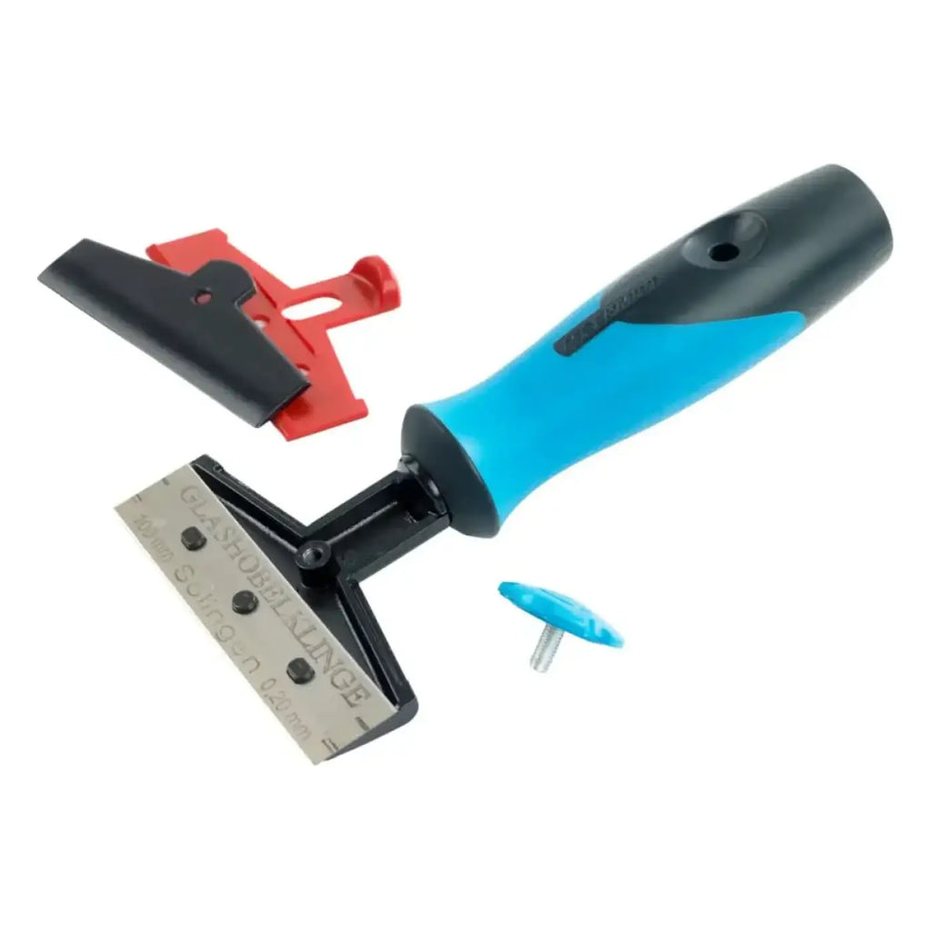 Moerman premium glasschaber mit blau schwarzem ergonomischem griff, metallklinge, roter clipbefestigung und blauem plastikspitze