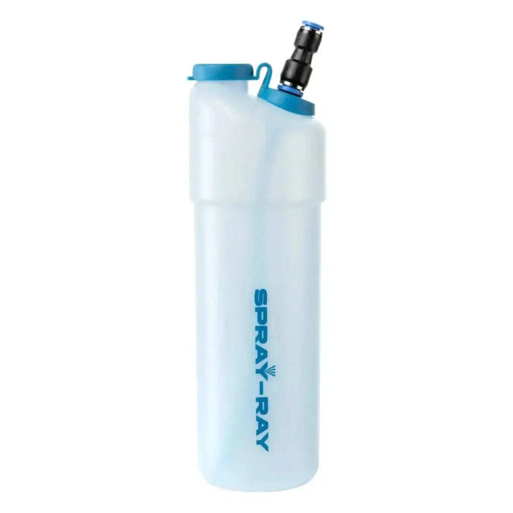 Moerman spray-ray flasche lichtblau translucente plastik mit schwarzem und blauem verschluss und integriertem trinkaufsatz