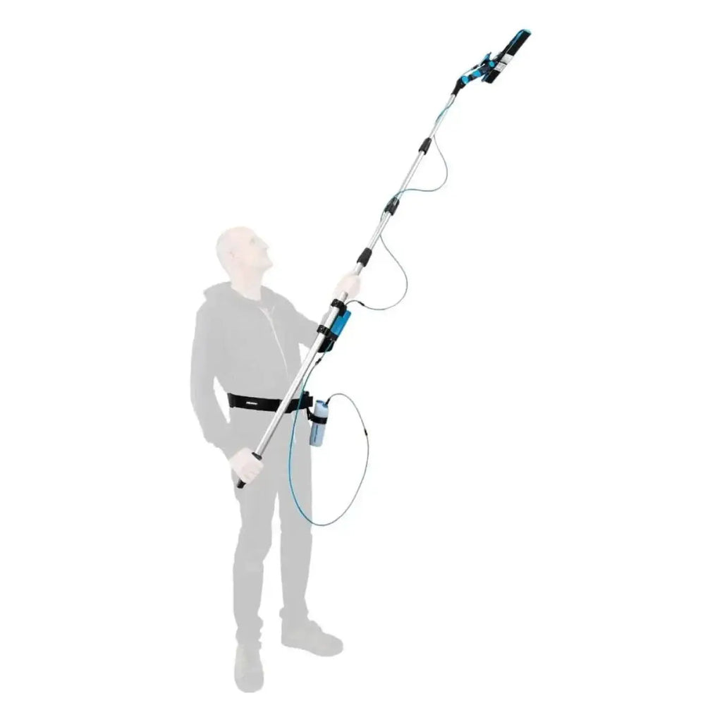 Telescopische elektrisch betriebene heckenschere moerman spray-ray set mit schwarzem und türkisfarbenem griff und akku