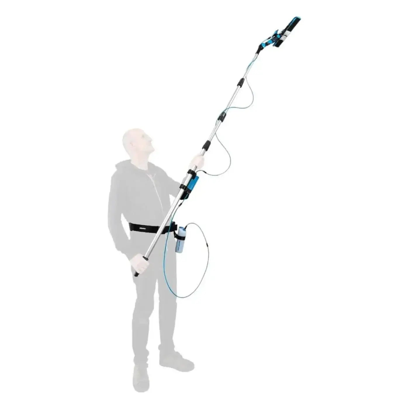 Telescopische elektrisch betriebene heckenschere moerman spray-ray set mit schwarzem und türkisfarbenem griff und akku