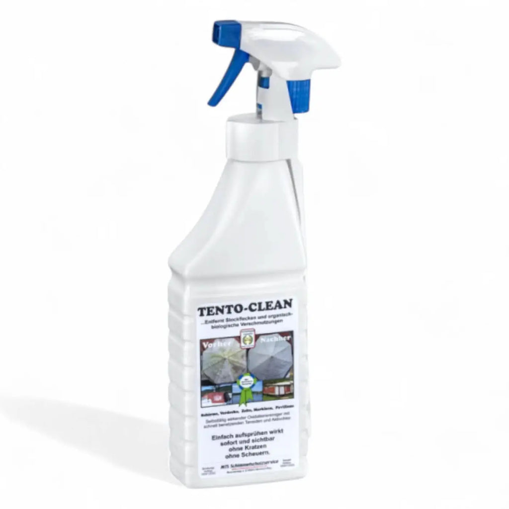 Weiße kunststoff-sprühflasche mit blauem abzug und etikett tento-clean für 1l stockfleckenentferner auf outdoorstoffen