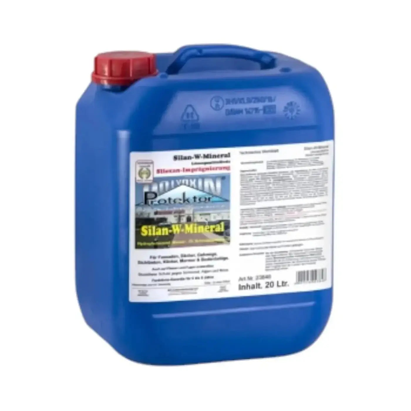 Blauer kunststoffkanister mit rotem verschluss und griff dowsin protector silan-w-mineral 20 liter für fassadenschutz