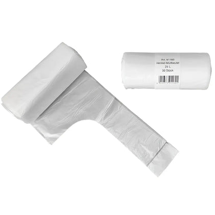 Ein rollender transparenter müllbeutel mit henkel 25l aus plastik mit weißem etikett und produktdetails