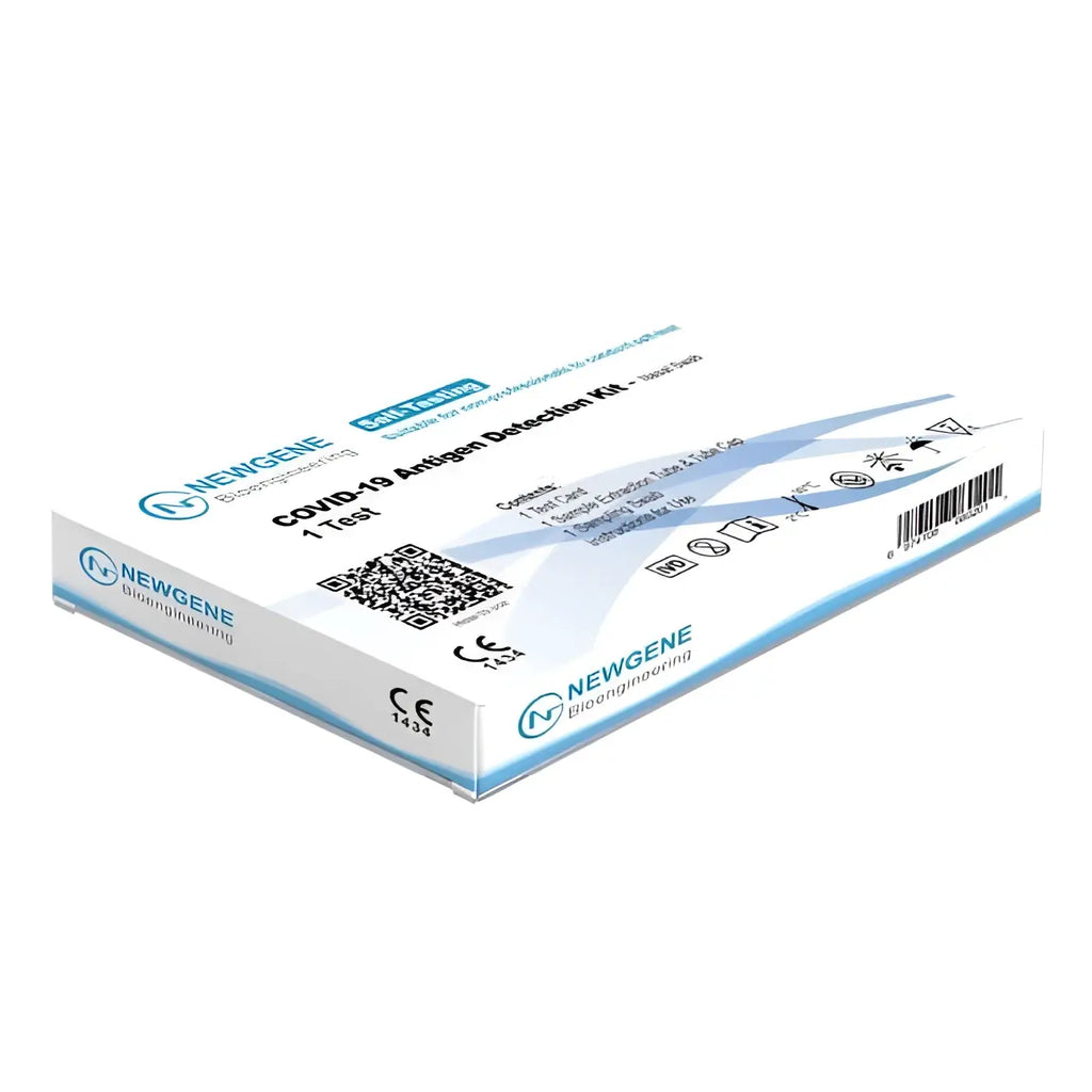 White and blue packaged newgene covid-19 antigen selbsttest kit nasal by newgene biosengineering for rapid nasal testing