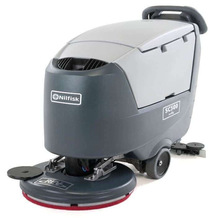 Nilfisk scheuersaugmaschine ba 751 mit grauem und schwarzem sc500 bodenreiniger und rotem rundreinigungspad