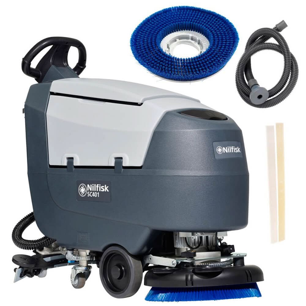 Nilfisk scheuersaugmaschine sc401 b kombi graue und weiße gewerbliche bodenmaschine mit blauem borstenbürstenkopf