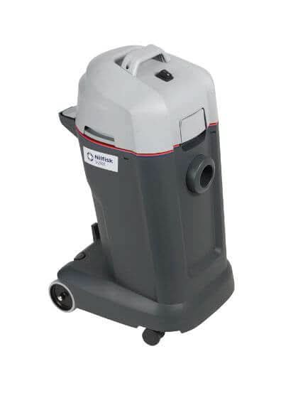 Grau weißer nilfisk vl500 35 bsf nass trockensauger mit robustem zylindrischem gehäuse und schwarzen rädern
