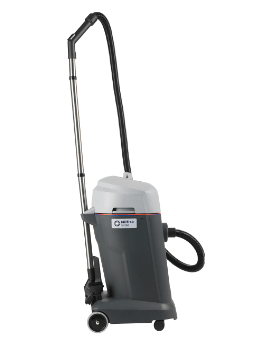 Nilfisk vl500 35 bsf nass und trockensauger grauer und weißer industriesauger mit schwarzem schlauch und griff auf rollen