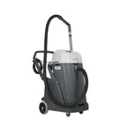 Gray and white nilfisk vl500 75-2 edf nasssauger trockensauger with black hose handle and wheeled base for mobility