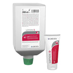 Weiße und rot beschriftete greven peter GREVEN lotion d hautpflege-lotion parfümiert in großer dose mit grünem verschluss und kleiner tube