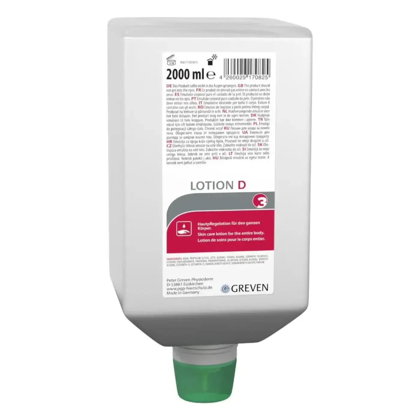 A white plastic lotion dispenser bottle with green cap labeled lotion d by greven for skin care use