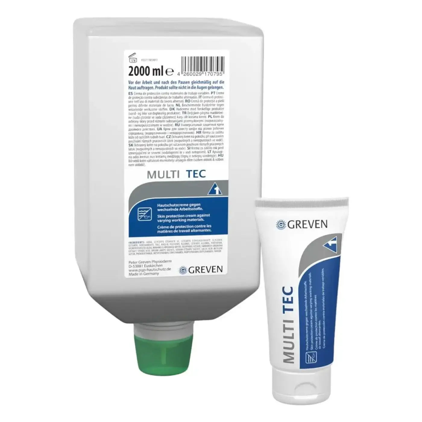 Weiße und blaue kunststofftube peter greven multi tec schutzcreme parfümiert für hautschutz