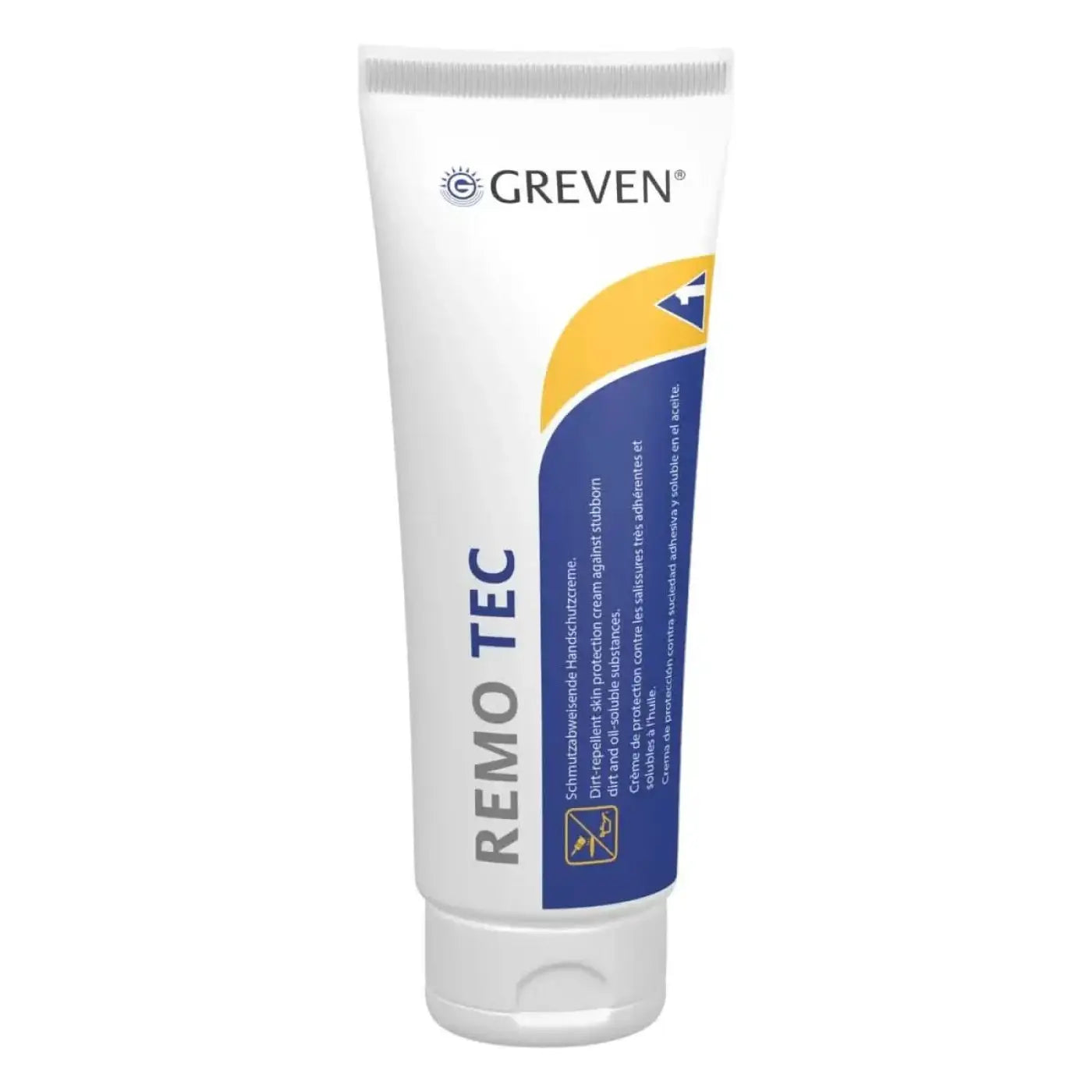 Weiße tube greven remo tec hautschutzcreme mit blauem und gelbem etikett für hautschutz