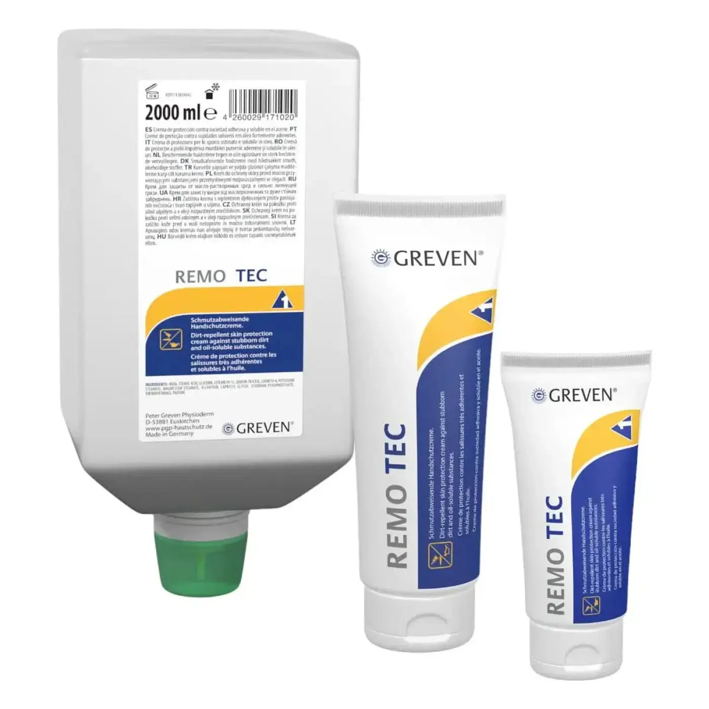 Drei weiße kunststofftuben peter greven remo tec hautschutzcreme in verschiedenen größen mit blauem und gelbem branding