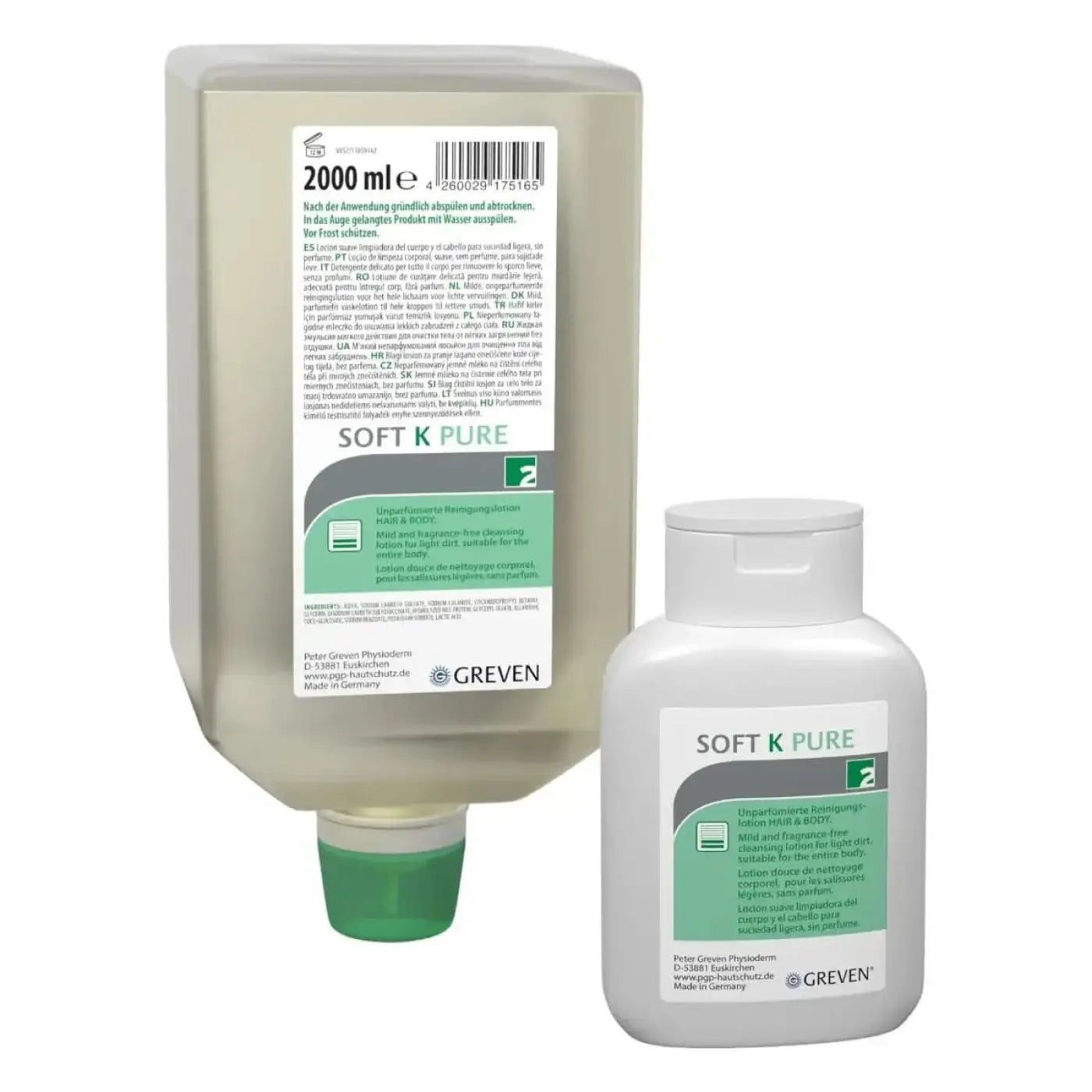 Weiße plastikflasche mit grün-grauem soft k pure etikett von peter greven parfumfreie reinigungslotion