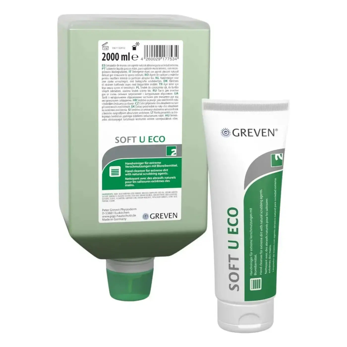 Greven soft u eco hand cleanser in 2000 ml green and white squeeze bottle for gentle hand cleaning