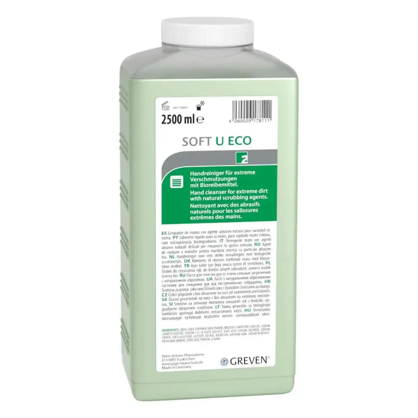 A translucent light green plastic bottle with white cap labeled greven soft u eco for hand cleaning Peter Greven