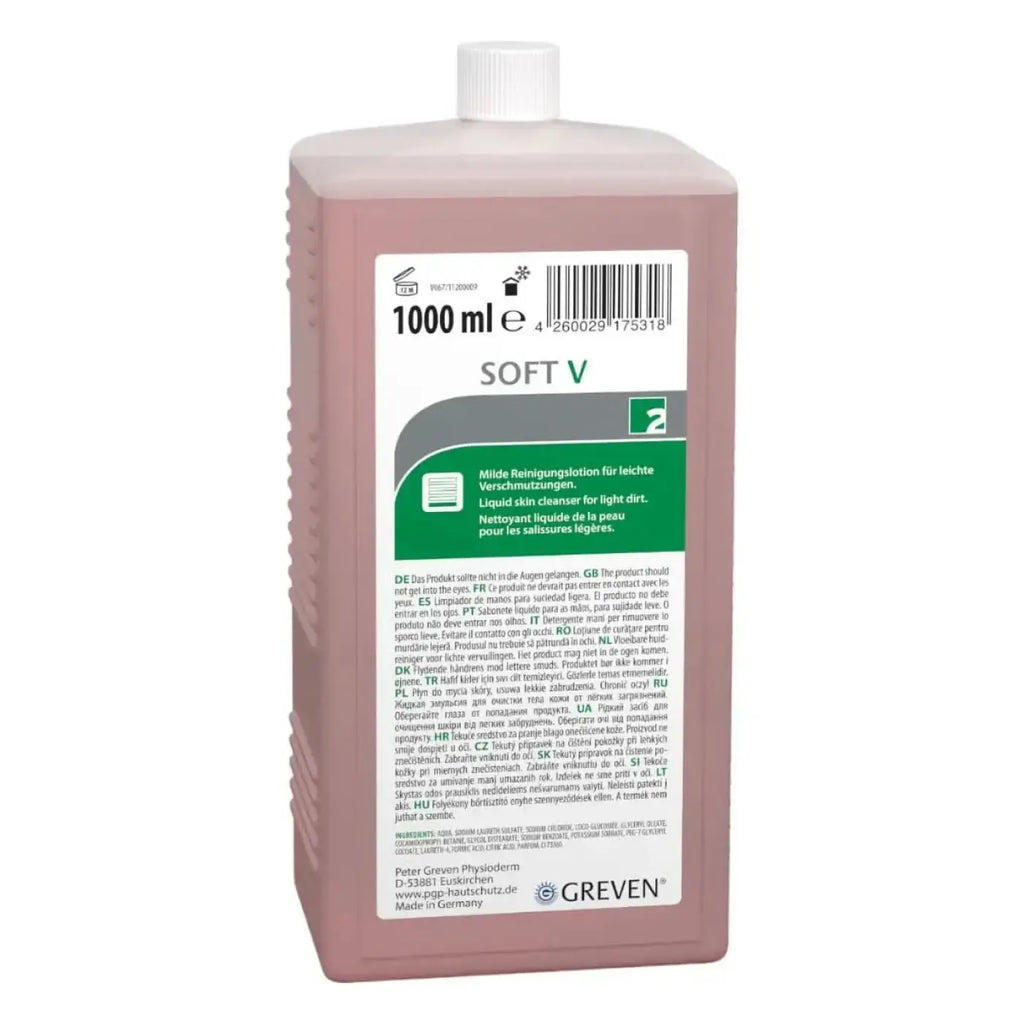 Rosa rechteckige flasche peter greven soft v milde hautreinigungslotion 1000 ml weich pflegendes liquid skin cleanser