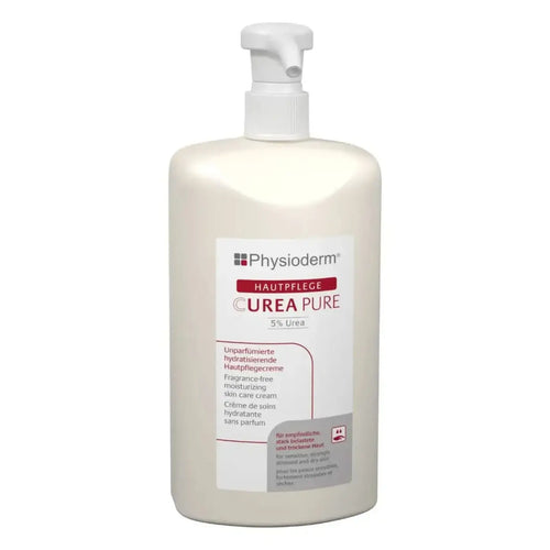 Eine weiße plastikflasche physioderm curea pure 5 prozent harnstoff unparfümiert feuchtigkeitsspendende hautcreme mit passendem pumpenspender
