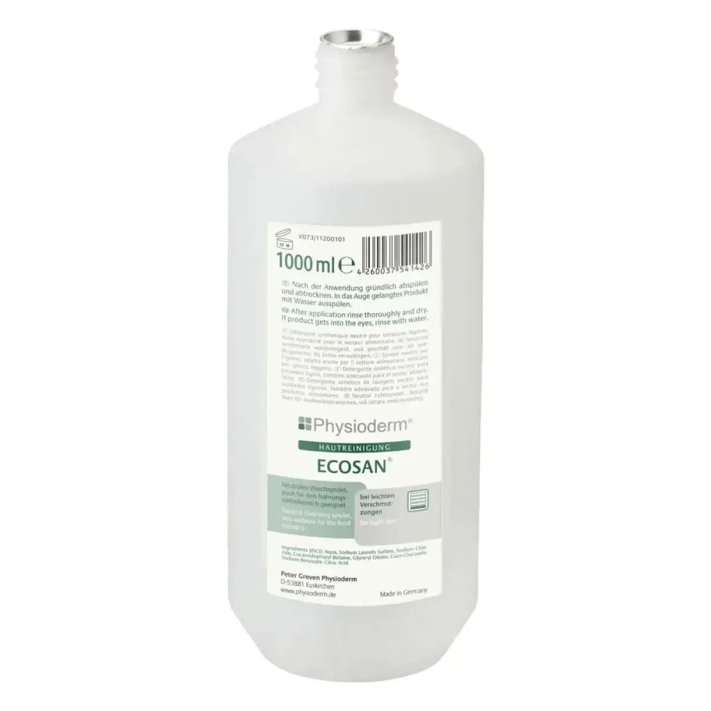 Physioderm ecosan hautreinigungslotion in transparenter kunststoffflasche 1000 milliliter für hautpflege