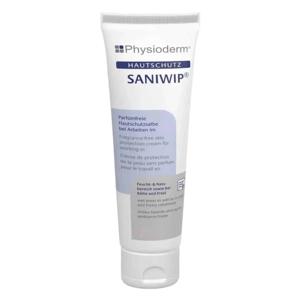Weiße tube physioderm saniwip hautschutzcreme fragrance-free für arbeit in nassen und frostigen bereichen