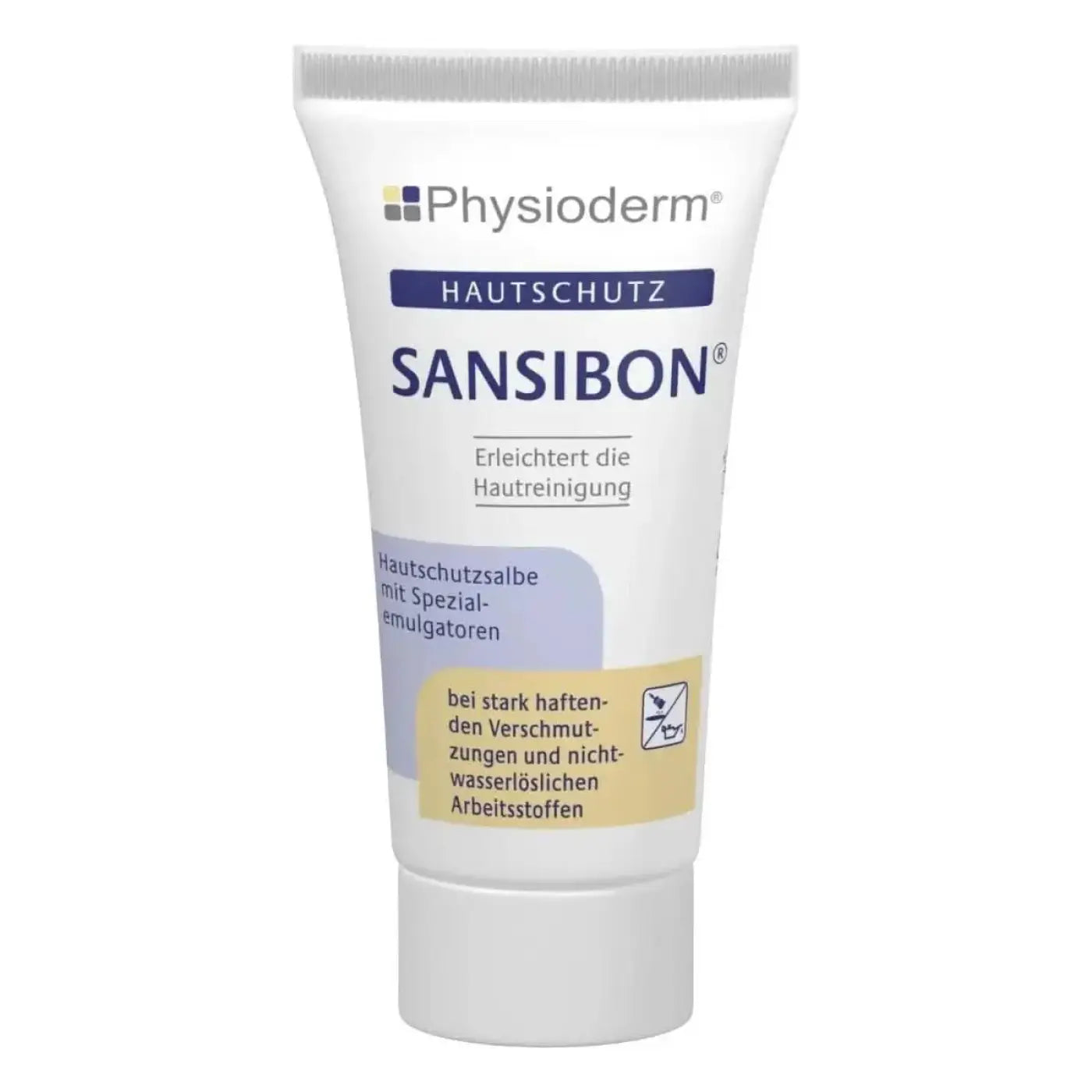 Weiße tube physioderm sansibon hautschutzcreme mit blauem und gelbem etikett zur handpflege