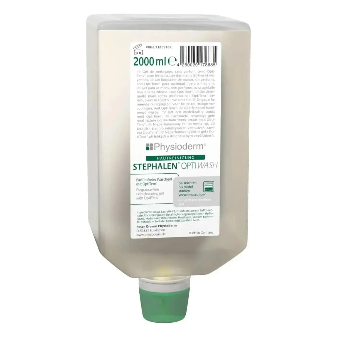 Ein 2000 ml durchsichtige plastikflasche physioderm stephalen optiwash mit grünem verschluss und mehrsprachigem etikett