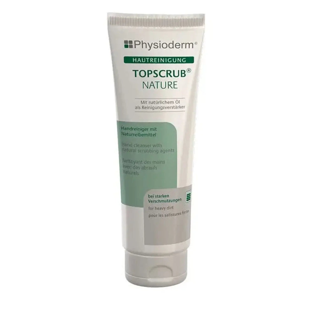 Physioderm topscrub nature handreiniger in weißer tube mit grünem und grauem etikett für sanfte handreinigung