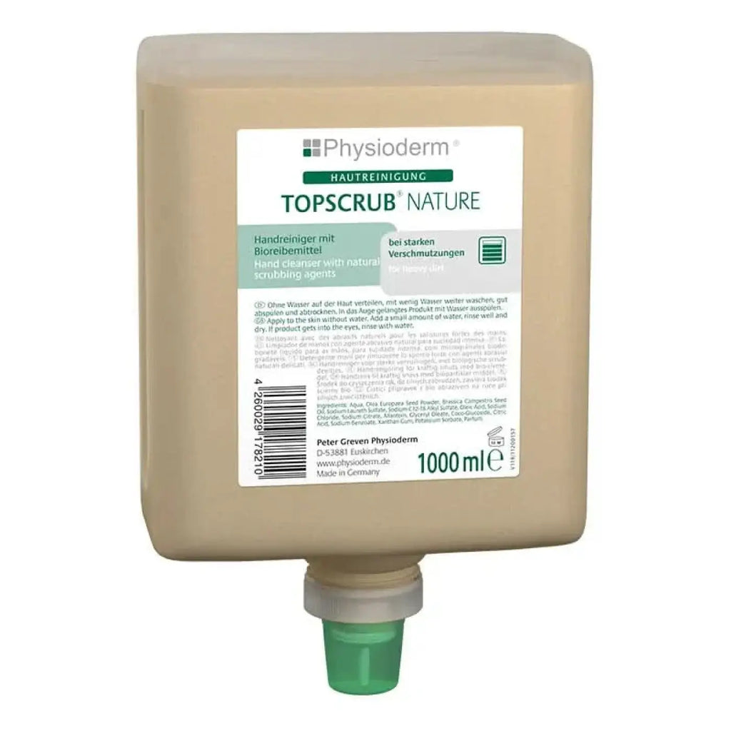 Beige plastikspenderflasche von physioderm topscrub nature handreiniger mit natürlichen scheuerpartikeln