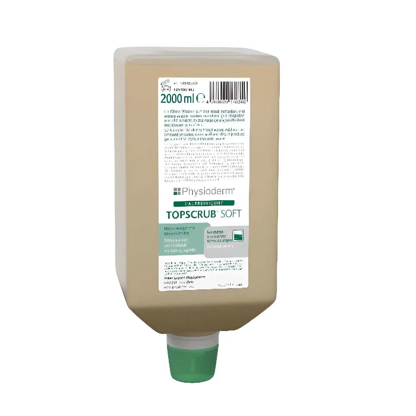 Beige plastikflasche mit grünem deckel und weißem etikett physioderm topscrub soft 2000 ml flüssigseife