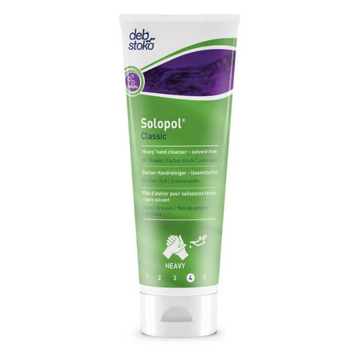 Grüne und lila tube von deb stoko solopol klassische lösemittelfreie handreinigungspaste 250ml rückseite