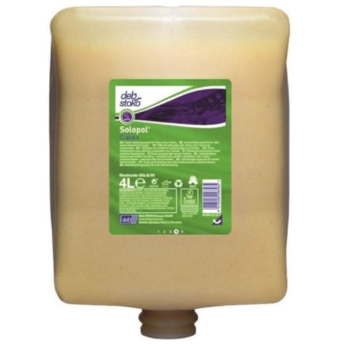 Ein 4-liter beige plastikspender mit cremig gelber handreinigungspaste deli stako solapot classic label