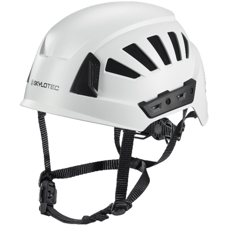 Weißer skylotec inceptor grx schutzhelm mit schwarzen lüftungsschlitzen und verstellbaren riemen, rückansicht