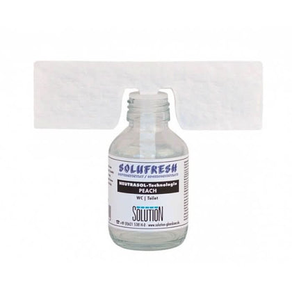 Klar glasflasche mit weißem etikett und blauer schwarzer schrift solufresh neutrasol technologie pfirsich wc toilettenlösung
