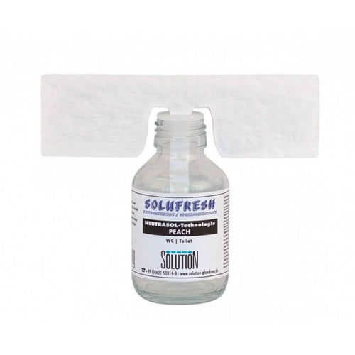 Klar glasflasche mit weißem etikett und blauer schwarzer schrift solufresh neutrasol technologie pfirsich wc toilettenlösung