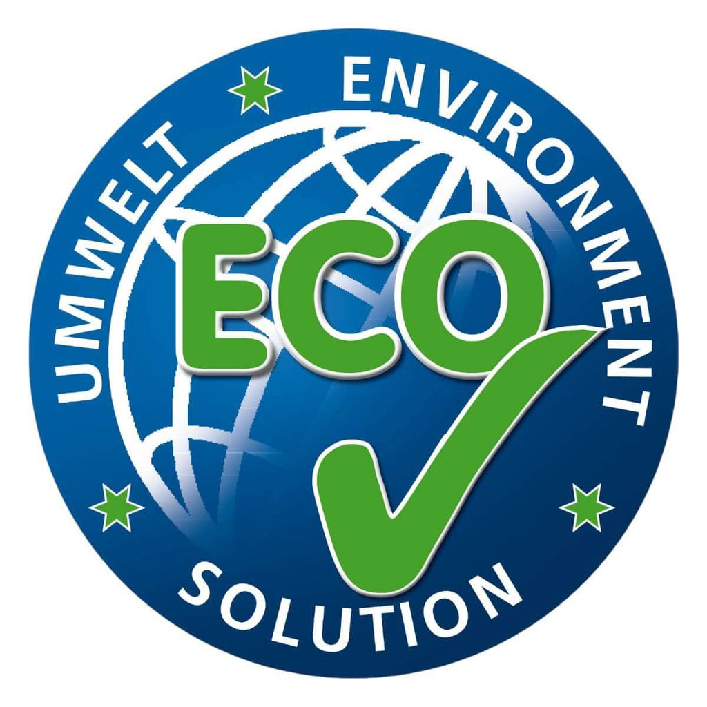 Kreislauffähiges umwelt logo mit grünem eco text und haken über blauem globus für solution glöckner au backe sporthallenbodenreiniger
