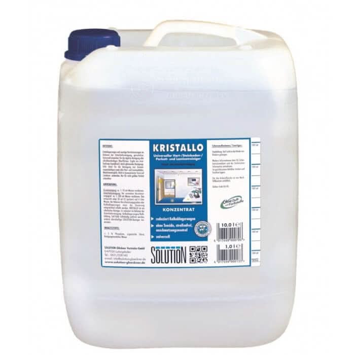 Weiße kunststoffkanister mit blauem deckel und label kristallo universalfleckenentferner solution glöckner 10l