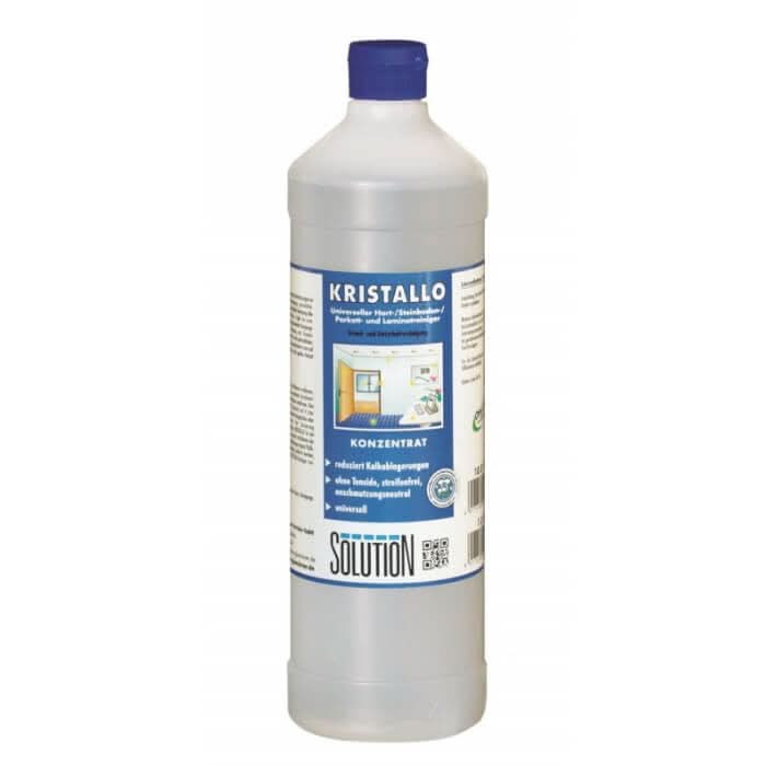 A clear plastic bottle with blue cap and label containing solution glöckner kristallo 1l concentrate cleaning solution