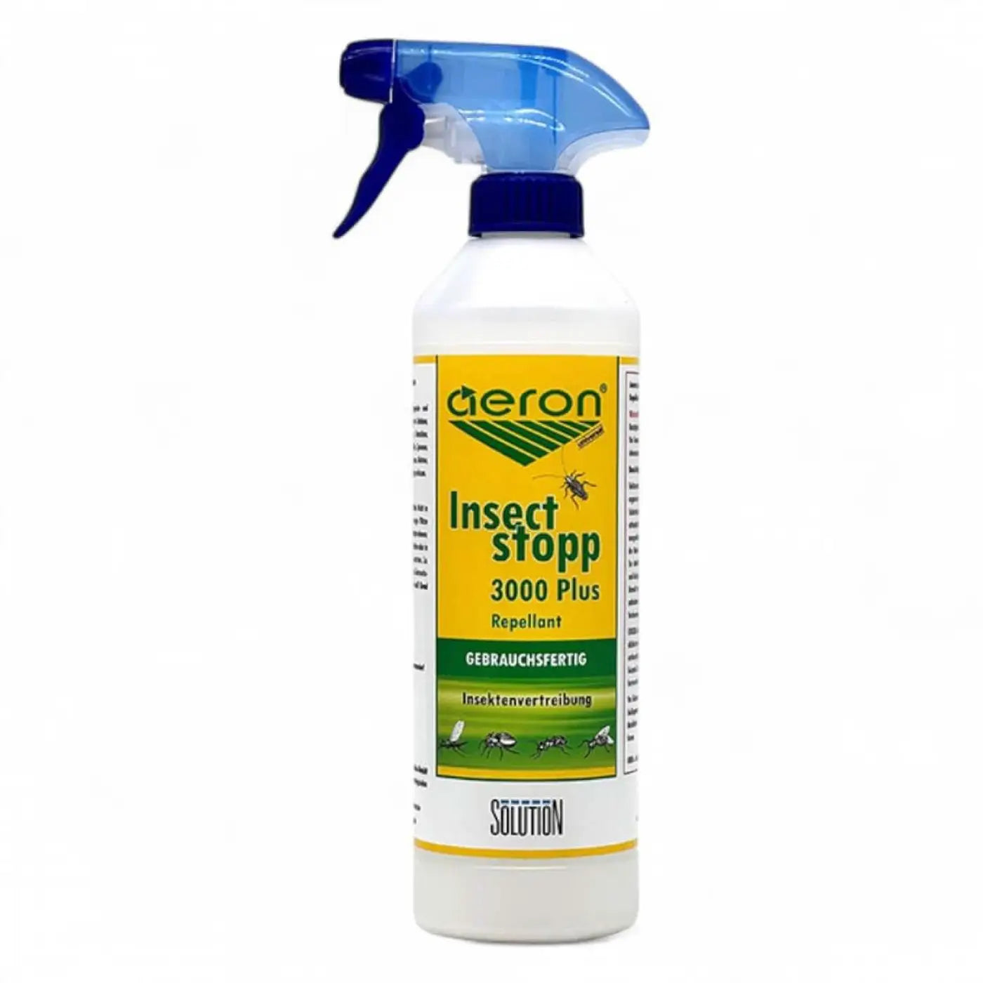 Weiße kunststoff-sprühflasche mit blauem trigger und gelb-grünem etikett geron insect stopp 3000 plus repellant 500 ml