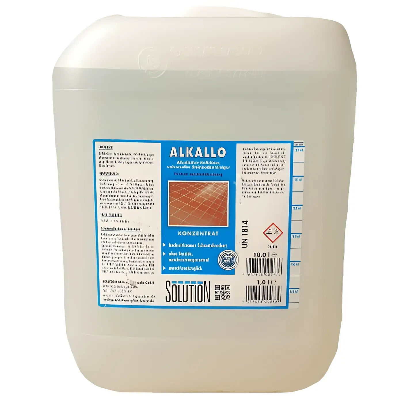 Weißer plastikbehälter mit blauem alkalo solution etikett enthält klare flüssigkeit für glöckner alkallo 10l lösung