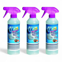 Drei identische flaschen solution glöckner clean solution fleck-entferner 500ml mit hellblauem körper und lila sprühkopf