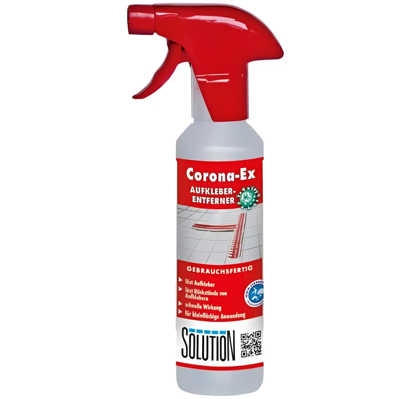 Roter sprühkopf auf weißer kunststoffflasche corona-ex aufkleberentferner mit deutscher produktion information