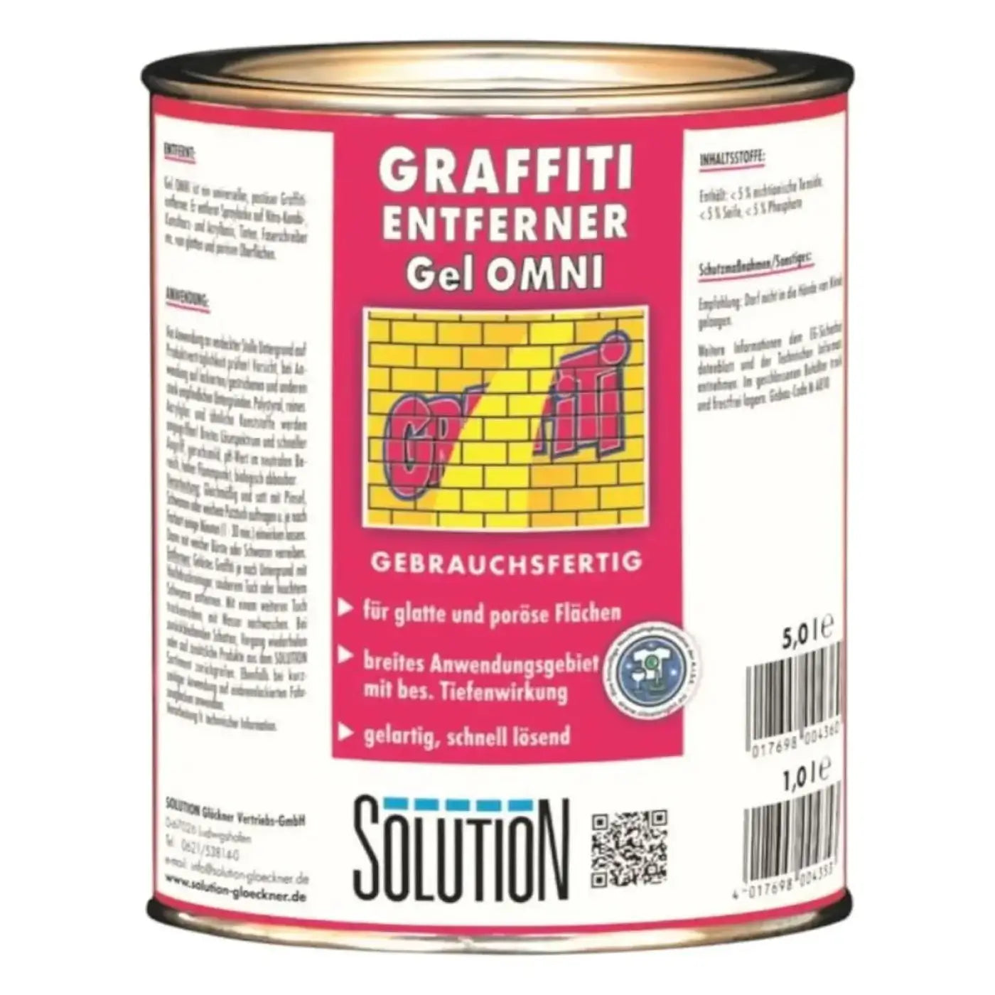 Metalldose mit pink-weißem etikett solution-glöckner gel omni graffiti entferner zur effektiven reinigung